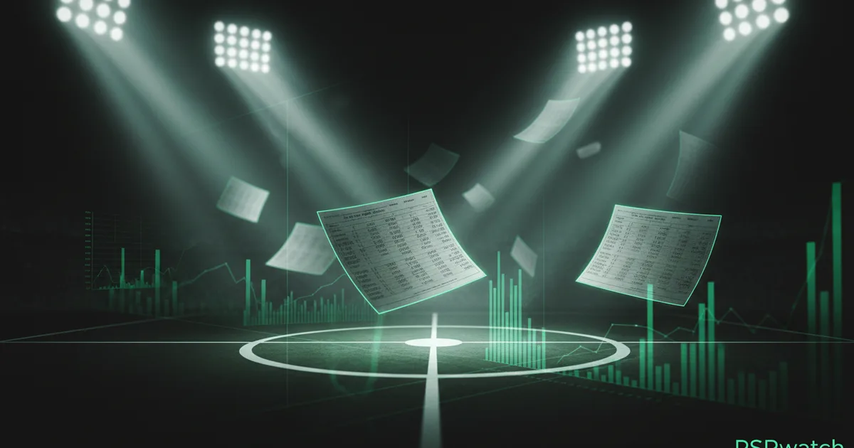 Abstract football-finance illustration in emerald green and black, mixing stadium, pitch and balance-sheet motifs, used as the hero image for the PSRwatch article "Amar Dedic to Newcastle United: what the £30.2m move does to their squad-cost room".