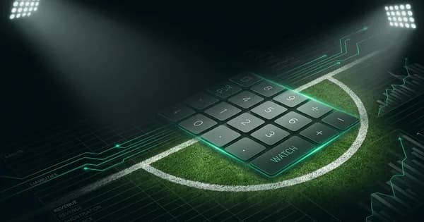 Abstract football-finance illustration in emerald green and black, mixing stadium, pitch and balance-sheet motifs, used as the hero image for the PSRwatch article "Andrey Santos to Manchester United: what the £47.3m move does to their squad-cost room".
