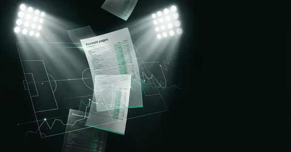 Abstract football-finance illustration in emerald green and black, mixing stadium, pitch and balance-sheet motifs, used as the hero image for the PSRwatch article "Anthony Gordon leaves Newcastle United: what the £67.2m sale does to their squad-cost room".