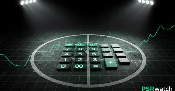 Abstract football-finance illustration in emerald green and black, mixing stadium, pitch and balance-sheet motifs, used as the hero image for the PSRwatch article "Arsenal accounts explained: what the 2024/25 filing really says".