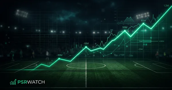 Abstract football-finance illustration in emerald green and black, mixing stadium, pitch and balance-sheet motifs, used as the hero image for the PSRwatch article "Aston Villa accounts explained: what the 2024/25 filing really says".