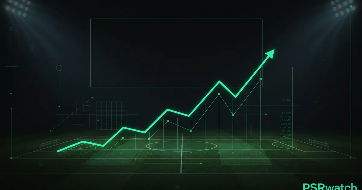 Abstract football-finance illustration in emerald green and black, mixing stadium, pitch and balance-sheet motifs, used as the hero image for the PSRwatch article "Ayyoub Bouaddi to Manchester City: what the £79.8m move does to their squad-cost room".