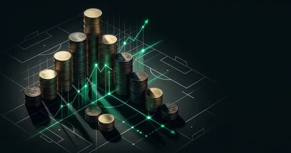 Abstract football-finance illustration in emerald green and black, mixing stadium, pitch and balance-sheet motifs, used as the hero image for the PSRwatch article "Bazoumana Touré to Newcastle United: what the £42m move does to their squad-cost room".