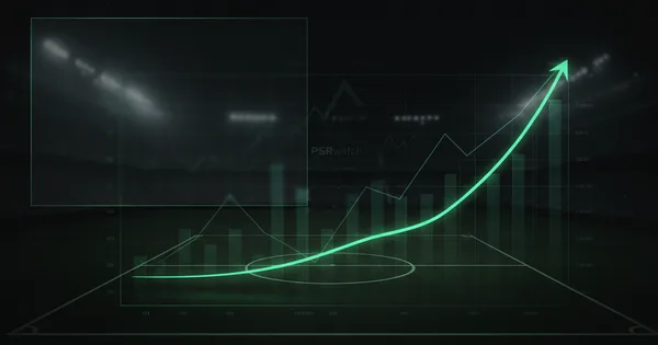 Abstract football-finance illustration in emerald green and black, mixing stadium, pitch and balance-sheet motifs, used as the hero image for the PSRwatch article "AFC Bournemouth accounts explained: what the 2024/25 filing really says".