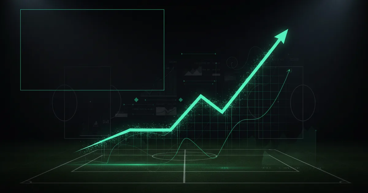 Abstract football-finance illustration in emerald green and black, mixing stadium, pitch and balance-sheet motifs, used as the hero image for the PSRwatch article "Bradley Barcola to Liverpool: what the £105m move does to their squad-cost room".