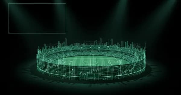 Abstract football-finance illustration in emerald green and black, mixing stadium, pitch and balance-sheet motifs, used as the hero image for the PSRwatch article "Brennan Johnson to Everton: what the £21.7m move does to their squad-cost room".