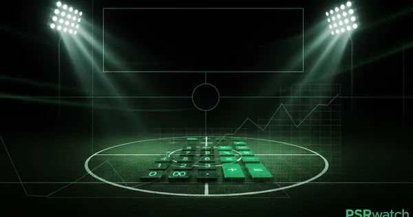 Abstract football-finance illustration in emerald green and black, mixing stadium, pitch and balance-sheet motifs, used as the hero image for the PSRwatch article "Brentford accounts explained: what the 2024/25 filing really says".