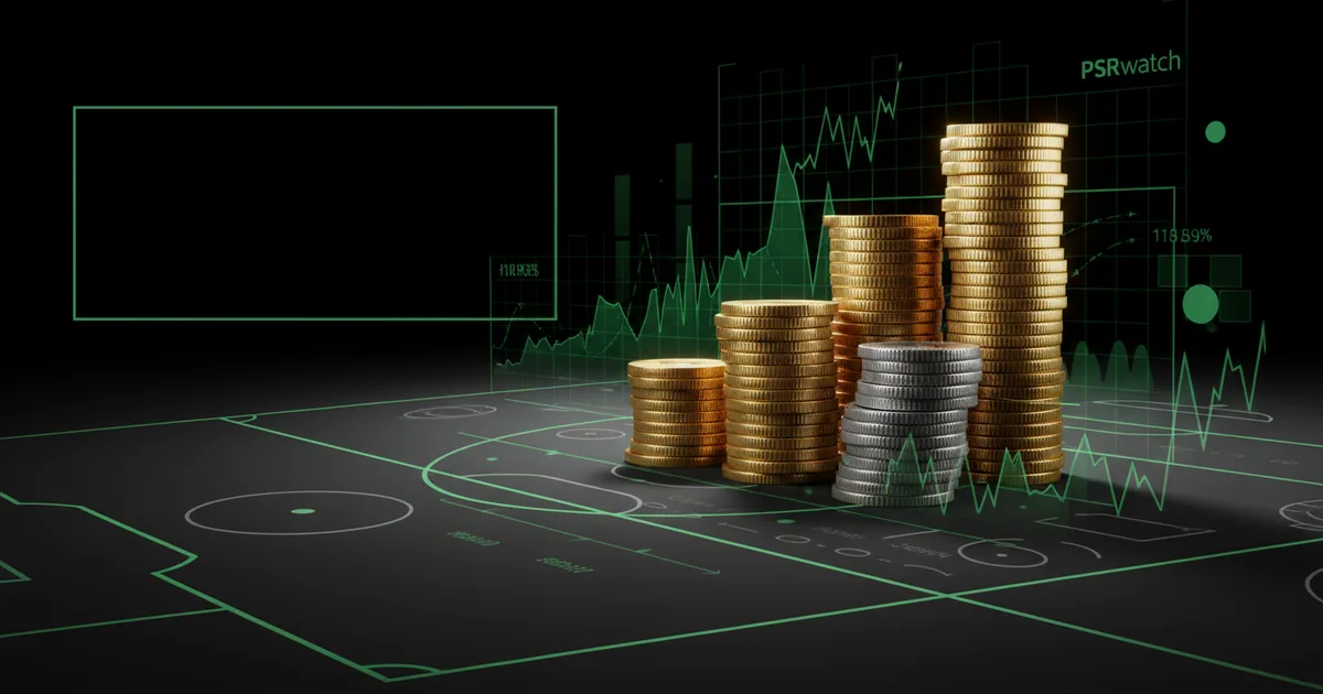 Abstract football-finance illustration in emerald green and black, mixing stadium, pitch and balance-sheet motifs, used as the hero image for the PSRwatch article "Brentford's summer 2026 transfer window: what happened and what it did to their squad-cost position".
