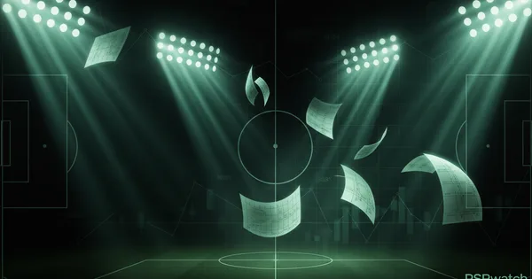 Abstract football-finance illustration in emerald green and black, mixing stadium, pitch and balance-sheet motifs, used as the hero image for the PSRwatch article "Brighton & Hove Albion accounts explained: what the 2024/25 filing really says".