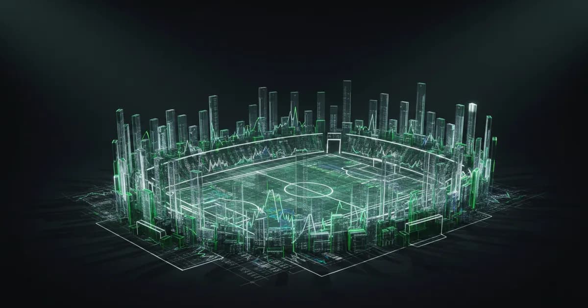 Abstract football-finance illustration in emerald green and black, mixing stadium, pitch and balance-sheet motifs, used as the hero image for the PSRwatch article "Bruno Guimarães to Arsenal: what the £73.5m move does to their squad-cost room".