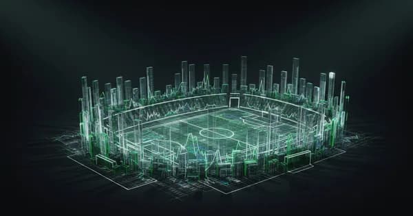 Abstract football-finance illustration in emerald green and black, mixing stadium, pitch and balance-sheet motifs, used as the hero image for the PSRwatch article "Bruno Guimarães to Arsenal: what the £73.5m move does to their squad-cost room".