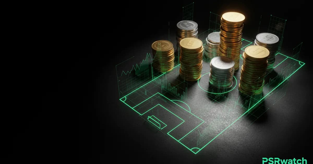 Abstract football-finance illustration in emerald green and black, mixing stadium, pitch and balance-sheet motifs, used as the hero image for the PSRwatch article "Carl Rushworth to Coventry City: what the £21.6m move does to their squad-cost room".