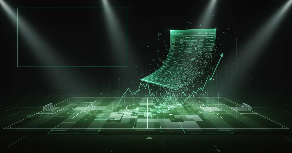 Abstract football-finance illustration in emerald green and black, mixing stadium, pitch and balance-sheet motifs, used as the hero image for the PSRwatch article "Carlos Baleba to Manchester United: what the £63.8m move does to their squad-cost room".
