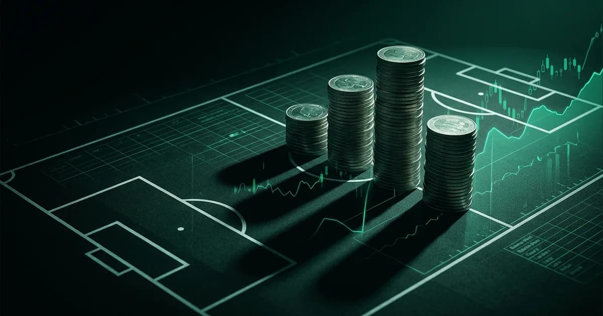 Abstract football-finance illustration in emerald green and black, mixing stadium, pitch and balance-sheet motifs, used as the hero image for the PSRwatch article "Chelsea accounts explained: what the 2024/25 filing really says".