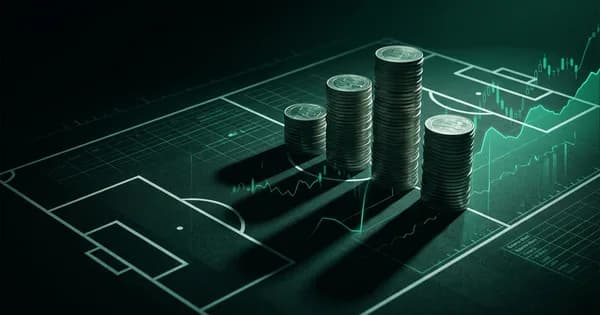 Abstract football-finance illustration in emerald green and black, mixing stadium, pitch and balance-sheet motifs, used as the hero image for the PSRwatch article "Chelsea accounts explained: what the 2024/25 filing really says".