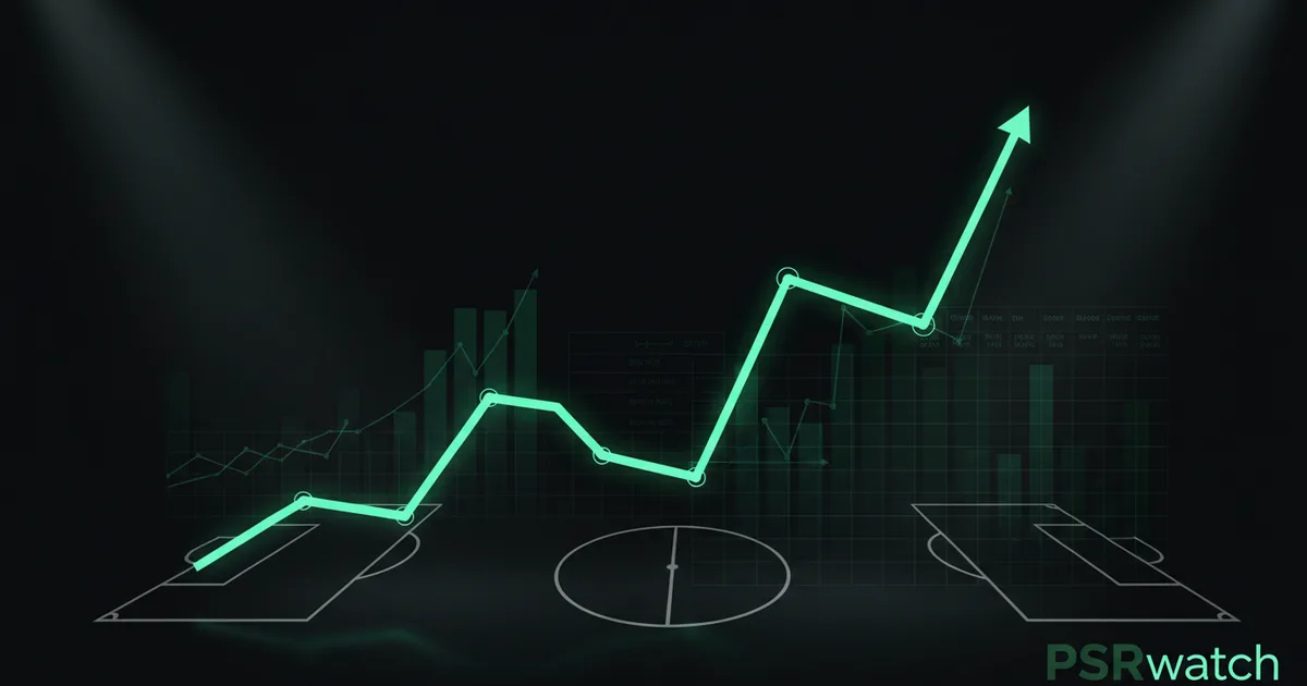 Abstract football-finance illustration in emerald green and black, mixing stadium, pitch and balance-sheet motifs, used as the hero image for the PSRwatch article "Chelsea's summer 2026 transfer window: what happened and what it did to their squad-cost position".