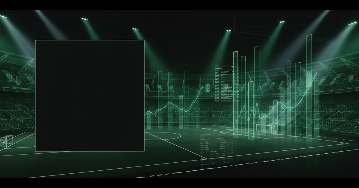 Abstract football-finance illustration in emerald green and black, mixing stadium, pitch and balance-sheet motifs, used as the hero image for the PSRwatch article "Christos Tzolis to Arsenal: what the £33.6m move does to their squad-cost room".