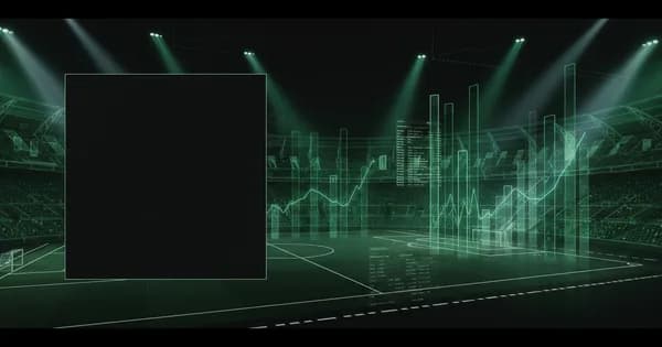 Abstract football-finance illustration in emerald green and black, mixing stadium, pitch and balance-sheet motifs, used as the hero image for the PSRwatch article "Christos Tzolis to Arsenal: what the £33.6m move does to their squad-cost room".