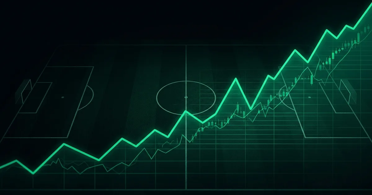 Abstract football-finance illustration in emerald green and black, mixing stadium, pitch and balance-sheet motifs, used as the hero image for the PSRwatch article "Companies House filings explained: how club accounts reach PSRwatch".