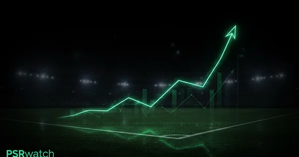 Abstract football-finance illustration in emerald green and black, mixing stadium, pitch and balance-sheet motifs, used as the hero image for the PSRwatch article "Coventry City accounts explained: what the 2024/25 filing really says".