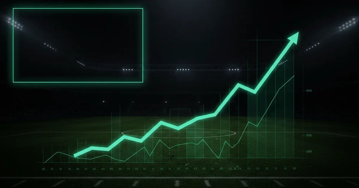 Abstract football-finance illustration in emerald green and black, mixing stadium, pitch and balance-sheet motifs, used as the hero image for the PSRwatch article "Cristian Romero leaves Tottenham Hotspur: what the £33.6m sale does to their squad-cost room".