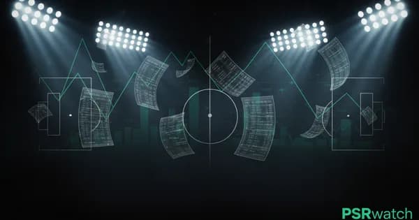 Abstract football-finance illustration in emerald green and black, mixing stadium, pitch and balance-sheet motifs, used as the hero image for the PSRwatch article "Crystal Palace accounts explained: what the 2024/25 filing really says".