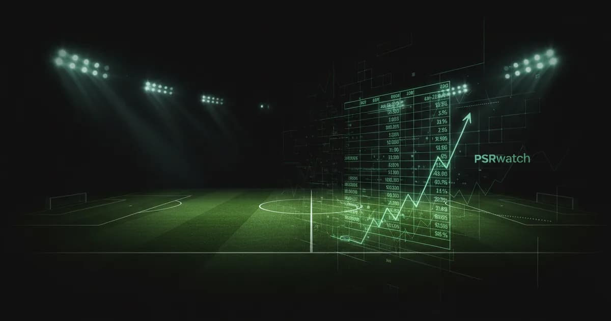 Abstract football-finance illustration in emerald green and black, mixing stadium, pitch and balance-sheet motifs, used as the hero image for the PSRwatch article "Curtis Jones leaves Liverpool: what the £25.2m sale does to their squad-cost room".