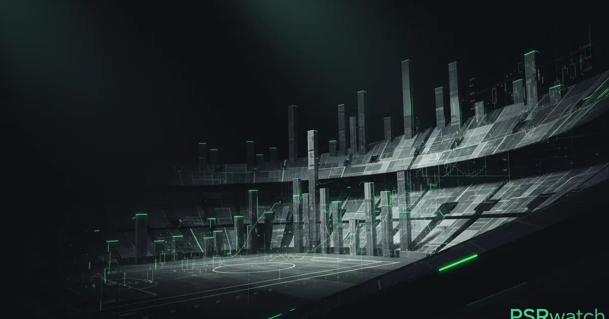 Abstract football-finance illustration in emerald green and black, mixing stadium, pitch and balance-sheet motifs, used as the hero image for the PSRwatch article "Dayann Méthalie to Sunderland: what the £23.5m move does to their squad-cost room".
