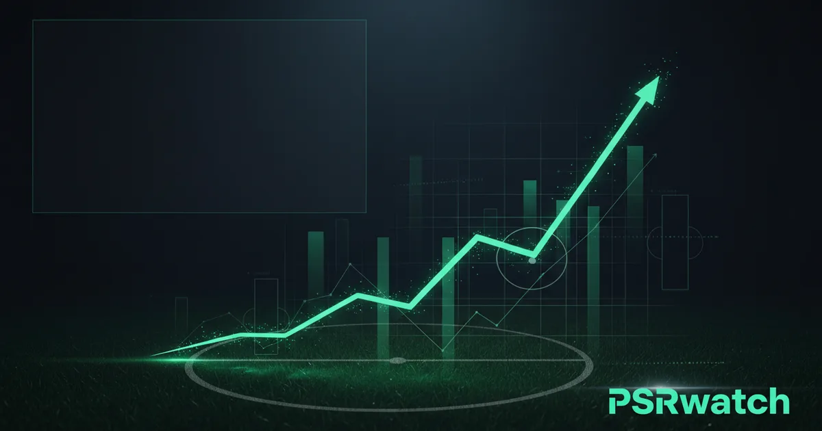 Abstract football-finance illustration in emerald green and black, mixing stadium, pitch and balance-sheet motifs, used as the hero image for the PSRwatch article "Djed Spence leaves Tottenham Hotspur: what the £25.2m sale does to their squad-cost room".