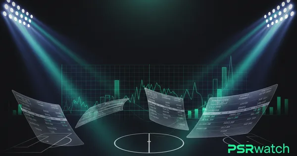 Abstract football-finance illustration in emerald green and black, mixing stadium, pitch and balance-sheet motifs, used as the hero image for the PSRwatch article "Donyell Malen leaves Aston Villa: what the £21m sale does to their squad-cost room".
