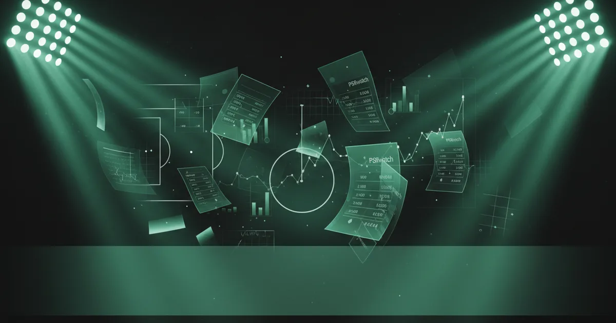 Abstract football-finance illustration in emerald green and black, mixing stadium, pitch and balance-sheet motifs, used as the hero image for the PSRwatch article "Dwight McNeil to Crystal Palace: what the £21.7m move does to their squad-cost room".