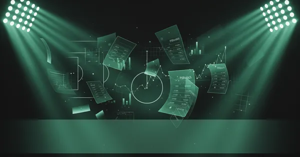 Abstract football-finance illustration in emerald green and black, mixing stadium, pitch and balance-sheet motifs, used as the hero image for the PSRwatch article "Dwight McNeil to Crystal Palace: what the £21.7m move does to their squad-cost room".