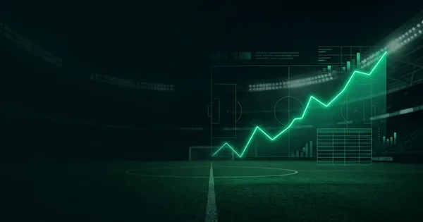 Abstract football-finance illustration in emerald green and black, mixing stadium, pitch and balance-sheet motifs, used as the hero image for the PSRwatch article "Elliot Anderson to Manchester City: what the £113m move does to their squad-cost room".
