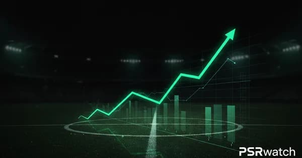 Abstract football-finance illustration in emerald green and black, mixing stadium, pitch and balance-sheet motifs, used as the hero image for the PSRwatch article "Emersonn to Ipswich Town: what the £23.5m move does to their squad-cost room".