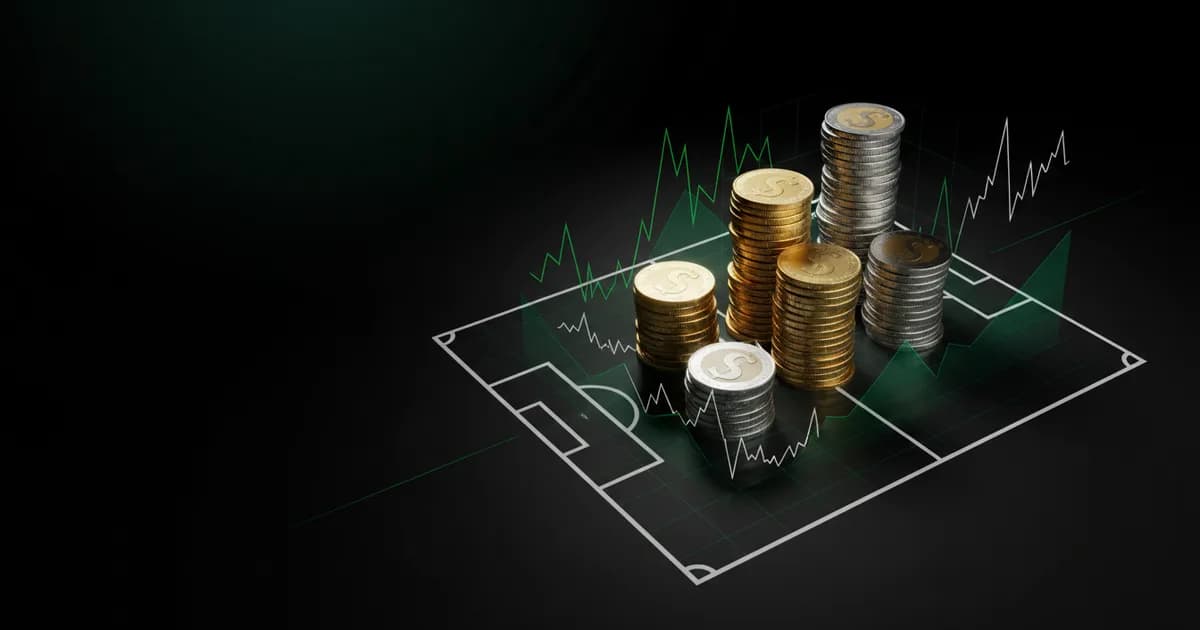 Abstract football-finance illustration in emerald green and black, mixing stadium, pitch and balance-sheet motifs, used as the hero image for the PSRwatch article "Emmanuel Emegha to Chelsea: what the £21m move does to their squad-cost room".