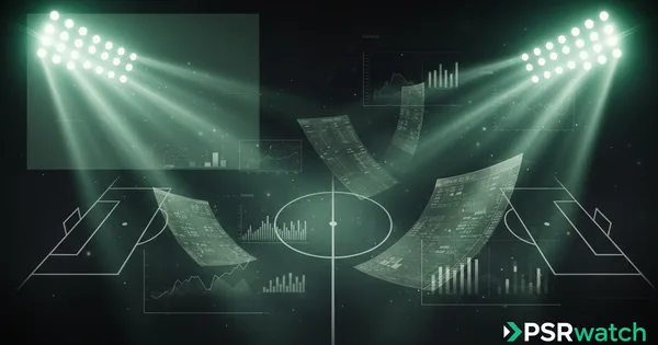 Abstract football-finance illustration in emerald green and black, mixing stadium, pitch and balance-sheet motifs, used as the hero image for the PSRwatch article "Everton accounts explained: what the 2024/25 filing really says".