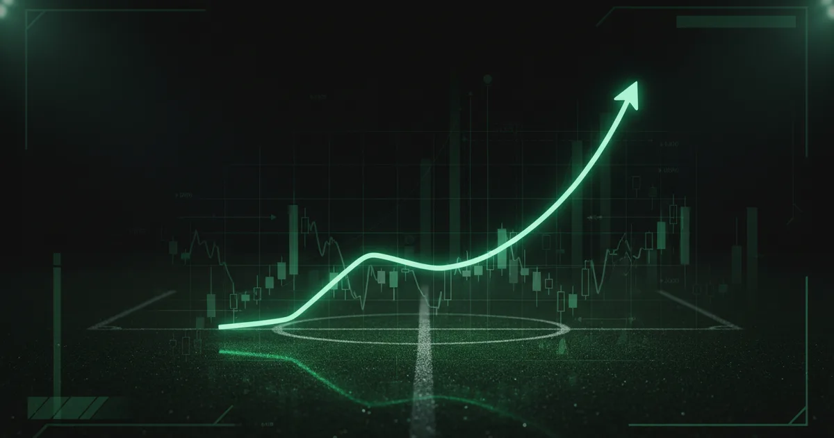 Abstract football-finance illustration in emerald green and black, mixing stadium, pitch and balance-sheet motifs, used as the hero image for the PSRwatch article "Everton's summer 2026 transfer window: what happened and what it did to their squad-cost position".