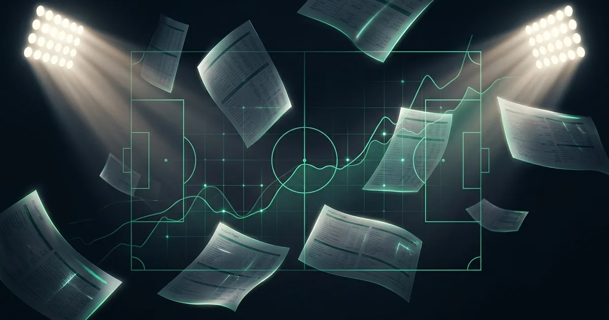 Abstract football-finance illustration in emerald green and black, mixing stadium, pitch and balance-sheet motifs, used as the hero image for the PSRwatch article "What is amortisation in football transfers? Fees spread over contracts, explained".