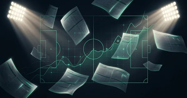 Abstract football-finance illustration in emerald green and black, mixing stadium, pitch and balance-sheet motifs, used as the hero image for the PSRwatch article "What is amortisation in football transfers? Fees spread over contracts, explained".