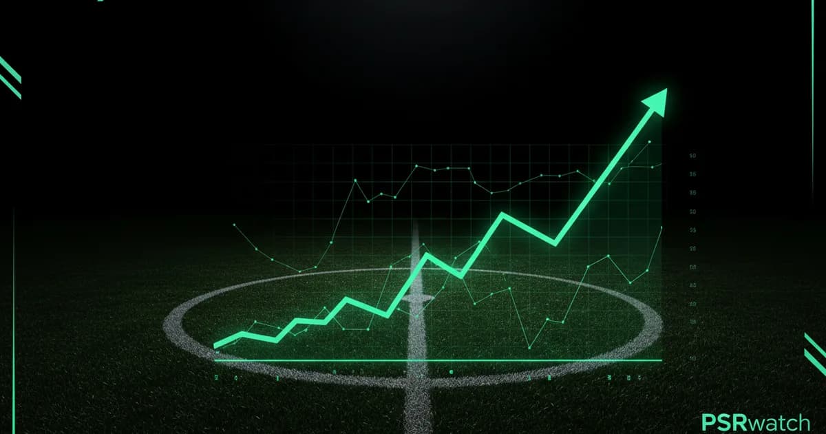 Abstract football-finance illustration in emerald green and black, mixing stadium, pitch and balance-sheet motifs, used as the hero image for the PSRwatch article "Gabriel Martinelli leaves Arsenal: what the £58.8m sale does to their squad-cost room".