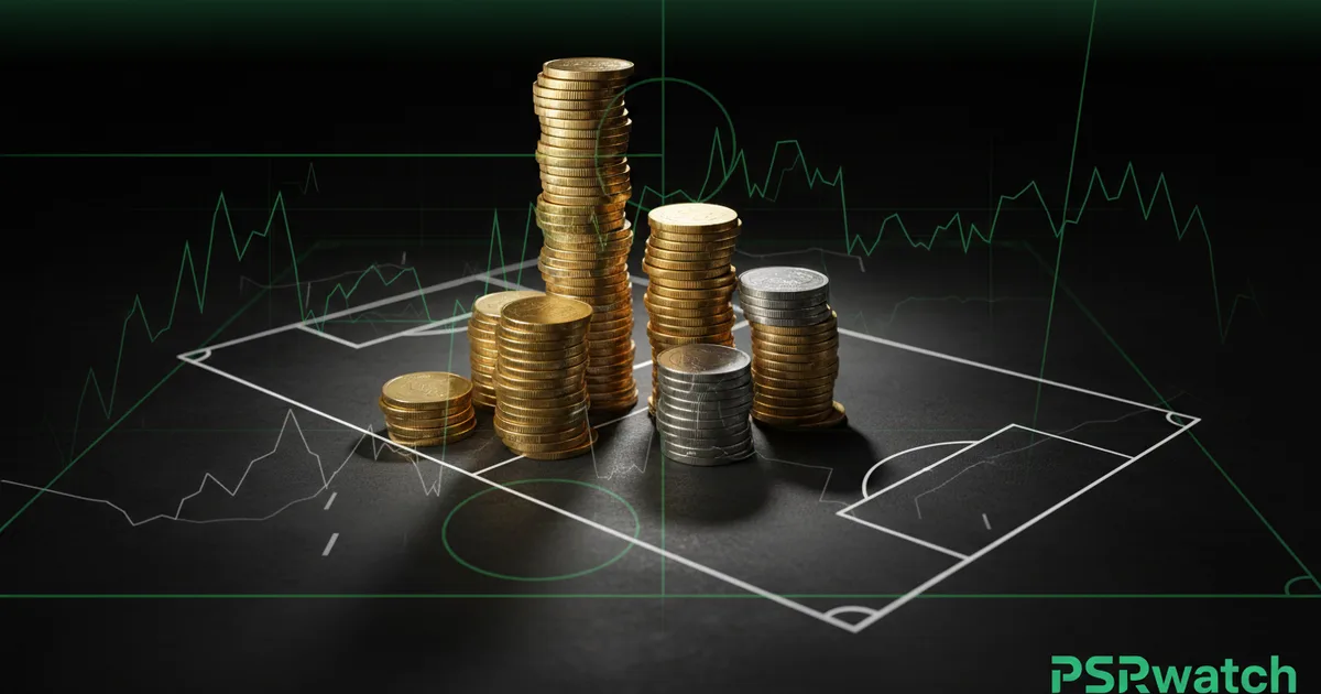 Abstract football-finance illustration in emerald green and black, mixing stadium, pitch and balance-sheet motifs, used as the hero image for the PSRwatch article "Gonzalo García to Fulham: what the £33.6m move does to their squad-cost room".