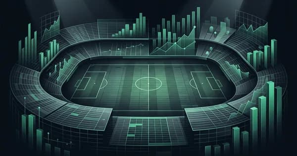 Abstract football-finance illustration in emerald green and black, mixing stadium, pitch and balance-sheet motifs, used as the hero image for the PSRwatch article "How do loan fees and loan wages affect PSR and squad cost?".