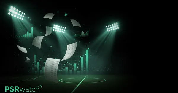 Abstract football-finance illustration in emerald green and black, mixing stadium, pitch and balance-sheet motifs, used as the hero image for the PSRwatch article "Ipswich Town accounts explained: what the 2024/25 filing really says".