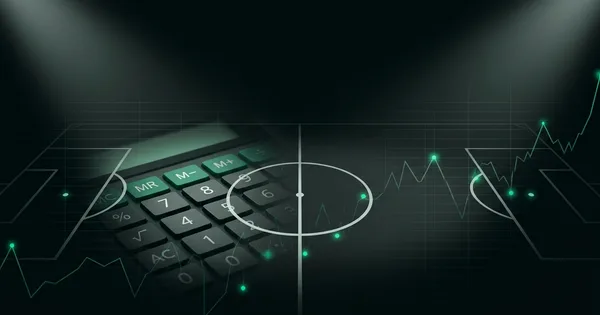 Abstract football-finance illustration in emerald green and black, mixing stadium, pitch and balance-sheet motifs, used as the hero image for the PSRwatch article "Jérémy Jacquet to Liverpool: what the £53.4m move does to their squad-cost room".