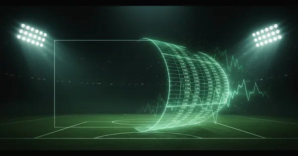 Abstract football-finance illustration in emerald green and black, mixing stadium, pitch and balance-sheet motifs, used as the hero image for the PSRwatch article "James Trafford to Leeds United: what the £39.2m move does to their squad-cost room".