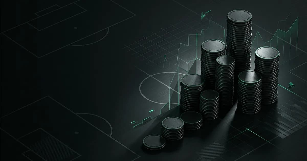 Abstract football-finance illustration in emerald green and black, mixing stadium, pitch and balance-sheet motifs, used as the hero image for the PSRwatch article "Jan Paul van Hecke to Tottenham Hotspur: what the £50.4m move does to their squad-cost room".