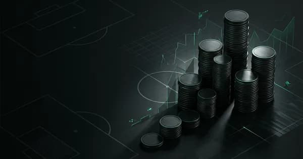 Abstract football-finance illustration in emerald green and black, mixing stadium, pitch and balance-sheet motifs, used as the hero image for the PSRwatch article "Jan Paul van Hecke to Tottenham Hotspur: what the £50.4m move does to their squad-cost room".