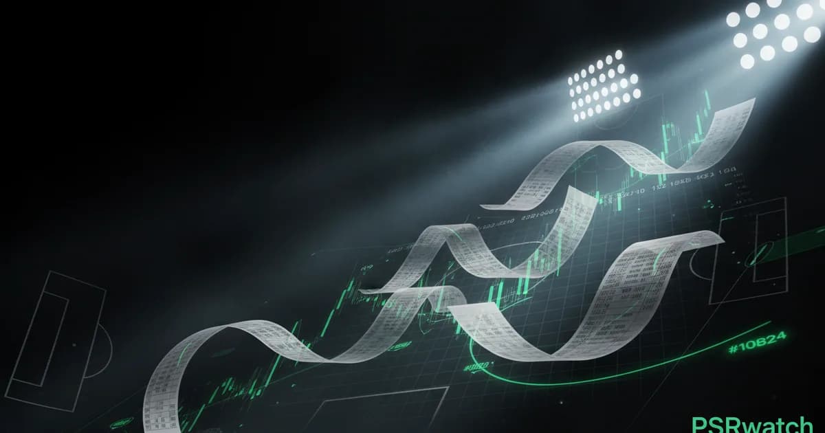 Abstract football-finance illustration in emerald green and black, mixing stadium, pitch and balance-sheet motifs, used as the hero image for the PSRwatch article "João Gomes to Aston Villa: what the £33.6m move does to their squad-cost room".