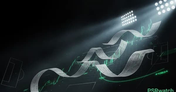 Abstract football-finance illustration in emerald green and black, mixing stadium, pitch and balance-sheet motifs, used as the hero image for the PSRwatch article "João Gomes to Aston Villa: what the £33.6m move does to their squad-cost room".