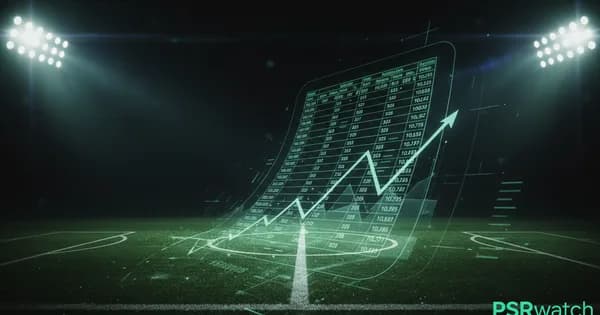 Abstract football-finance illustration in emerald green and black, mixing stadium, pitch and balance-sheet motifs, used as the hero image for the PSRwatch article "Johan Manzambi to Aston Villa: what the £50.4m move does to their squad-cost room".